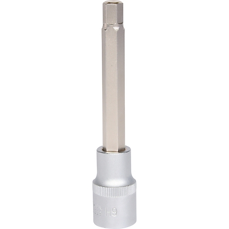 Ein silberfarbener Sechskantschlüssel. Die Form ist länglich mit sechseckigem Kopf.